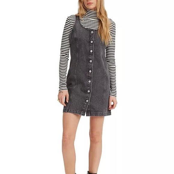 LEVI'S Tuli Denim Front Button Jumper Mini Dress Washed Black Small S - Picture 1 of 10